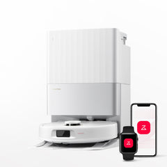 roborock Qrevo S5V Saugroboter mit Station auf weißem Hintergrund